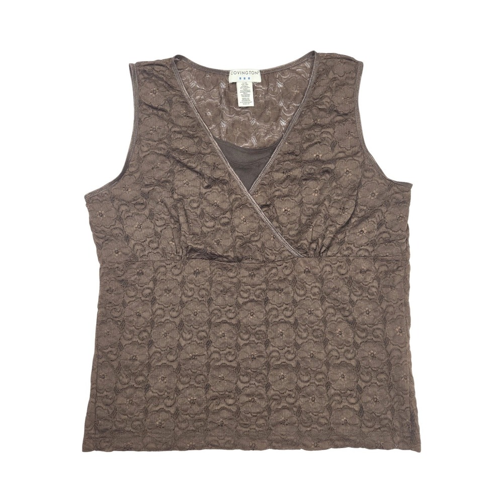 Covington Brown Floral Lace Surplice V-Neck Sleeveless Top Womens Large 14-16